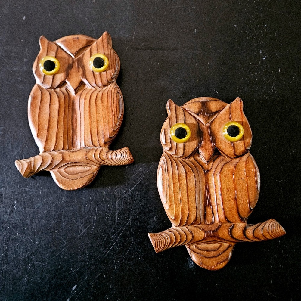 2 pc Brown Carved Wood Owl Hanging Set 6.5" MCM Retro Rustic Decor Cabincore